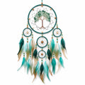 Attrape-rêves mural 40 x 90 cm vert turquoise avec plumes et arbre décoratif