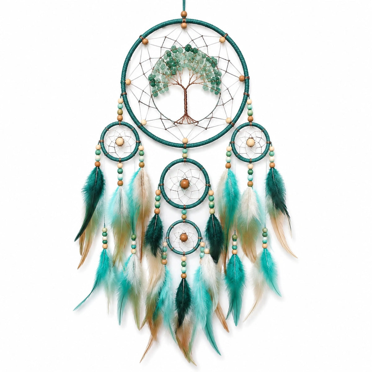 Attrape-rêves mural 40 x 90 cm vert turquoise avec plumes et arbre décoratif