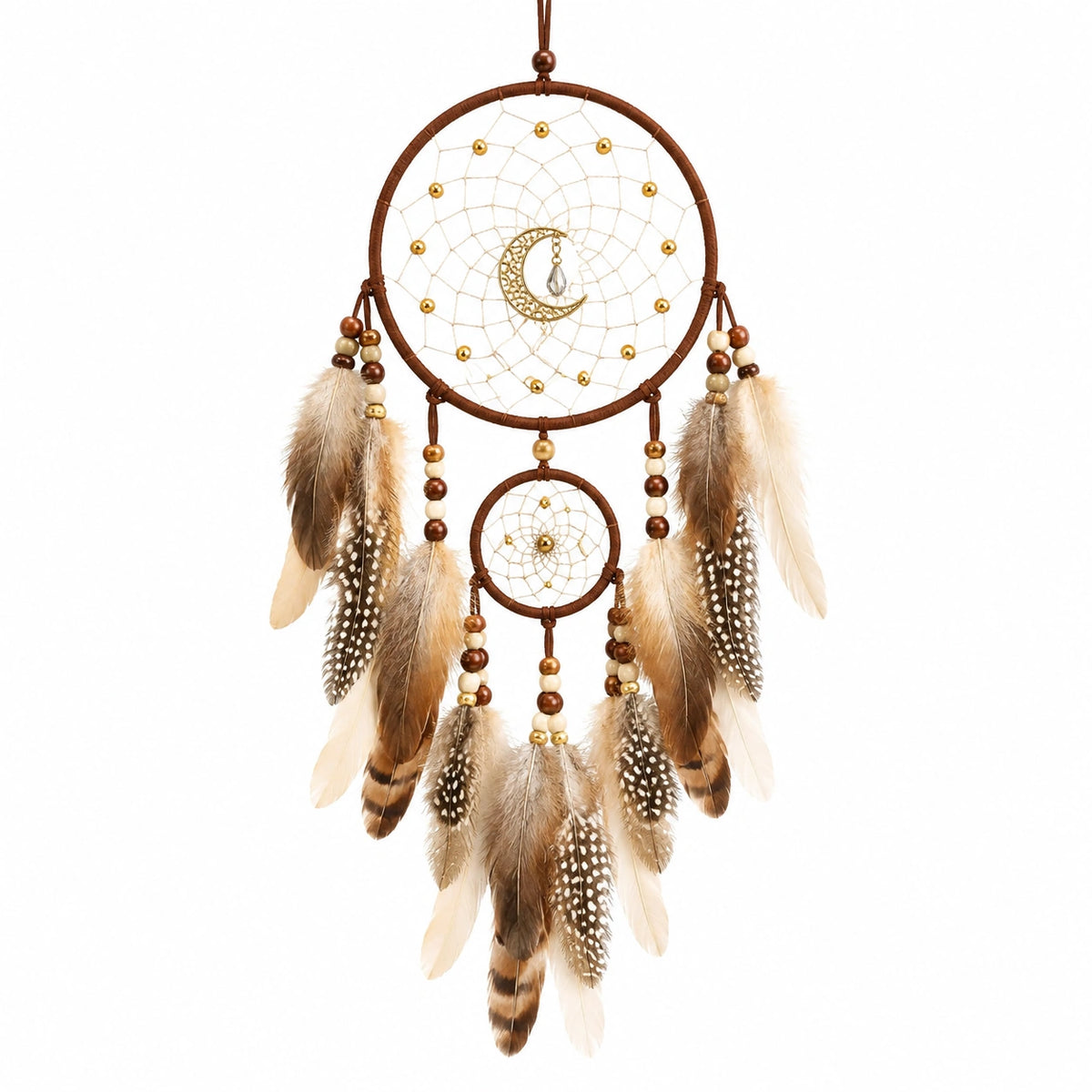Attrape-rêves 20 x 60 cm marron en corde et plumes décoration murale suspendue