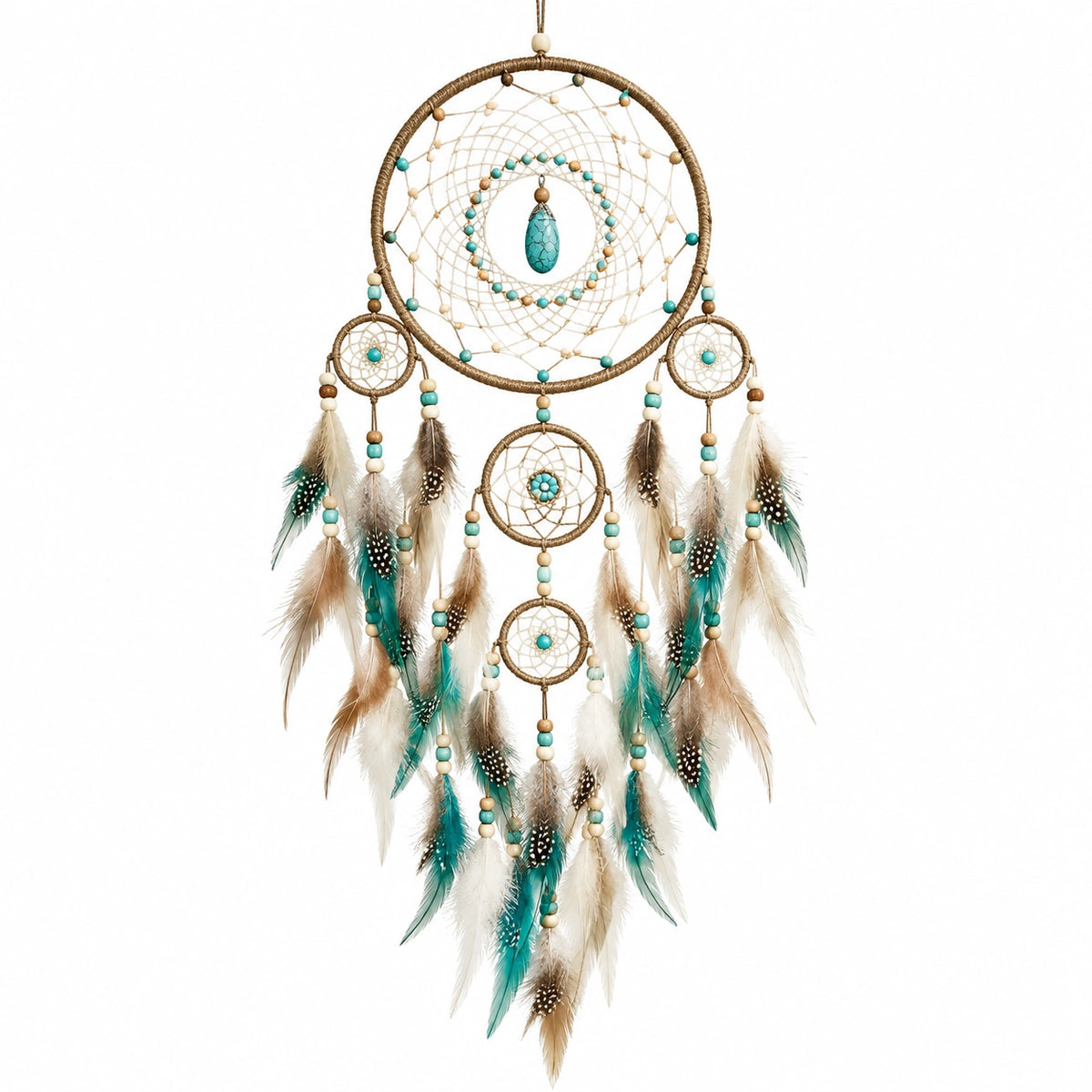 Suspension décorative tissée 40 x 90 cm marron turquoise avec plumes et perles style bohème