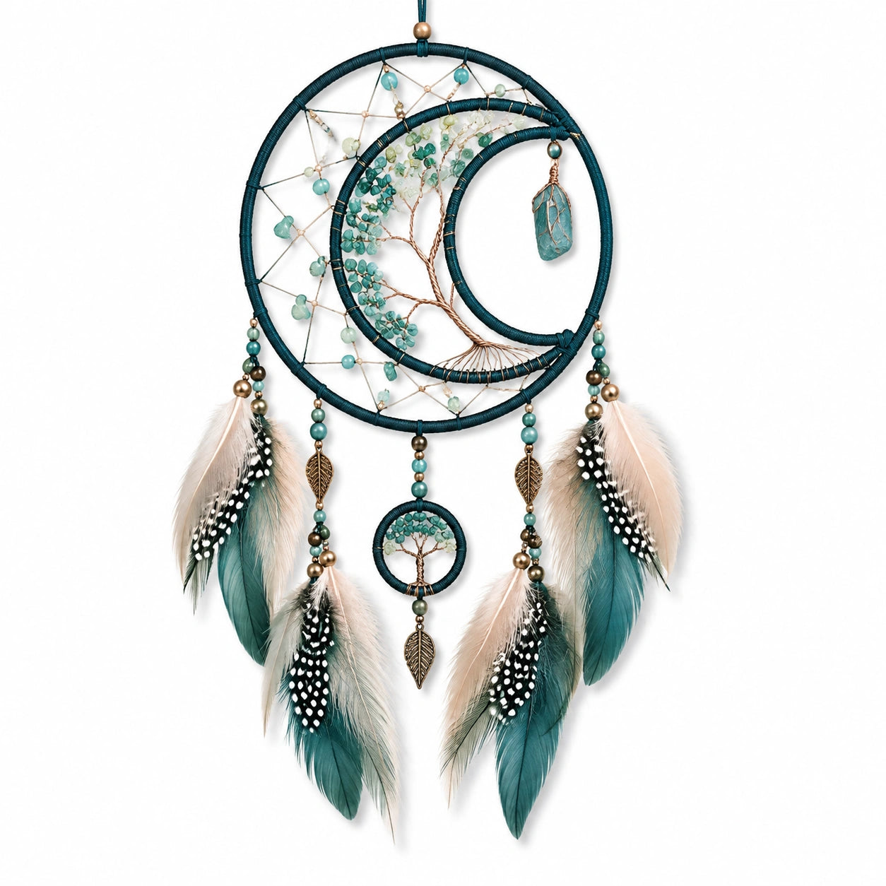 Attrape-rêves 30 x 70 cm en fil textile bleu vert avec plumes décoratives à suspendre