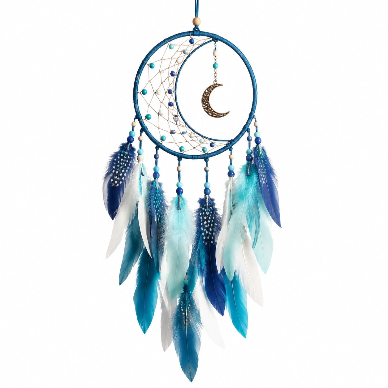 Attrape-rêves suspendu 25 x 70 cm en plumes bleu blanc avec lune décorative