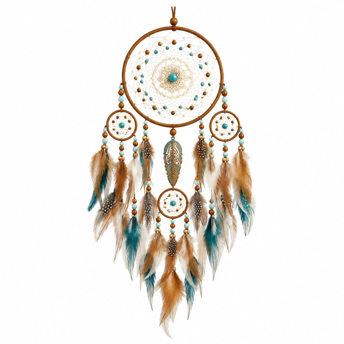 Attrape-rêves 40 x 100 cm en fibres et plumes brun turquoise décoration murale bohème