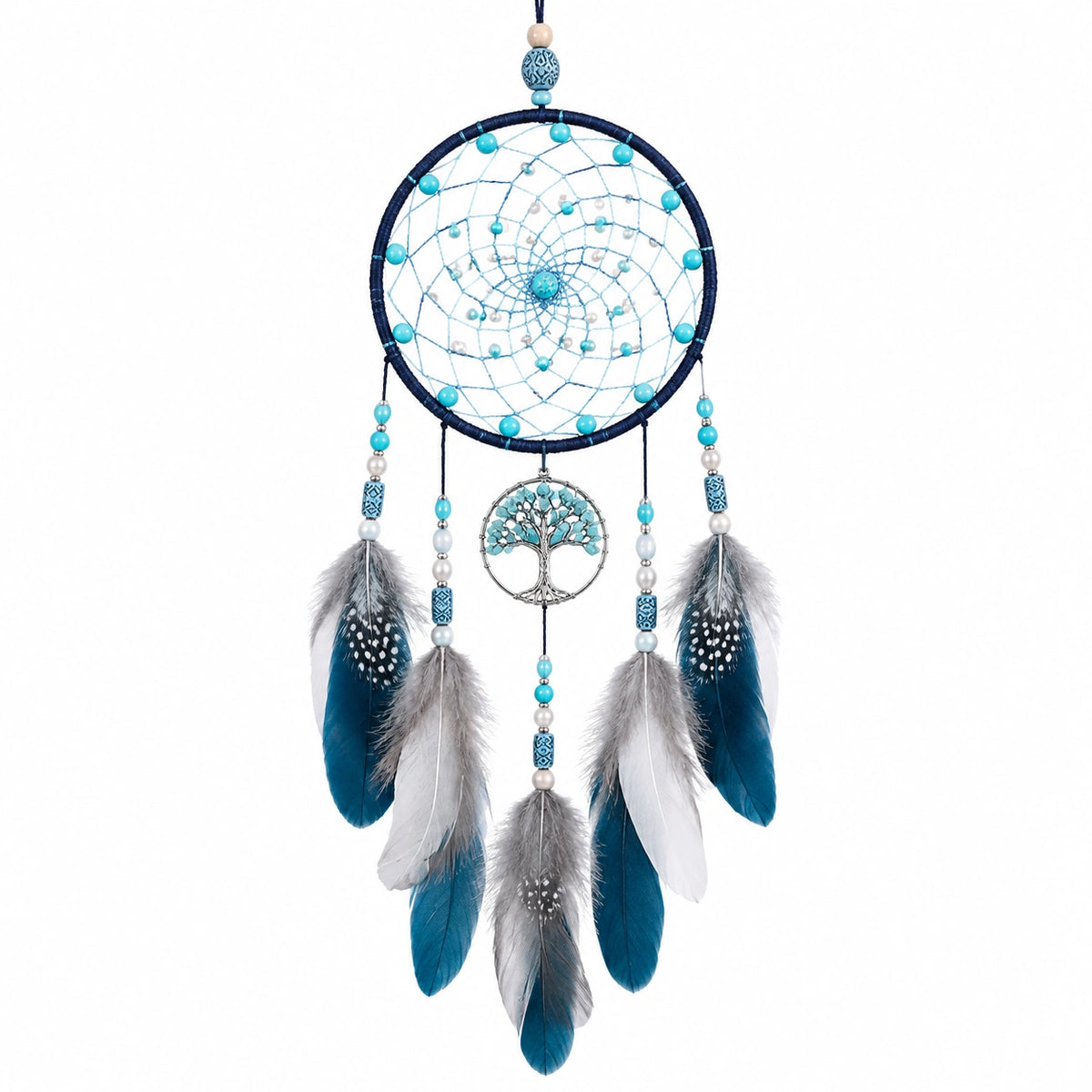Attrape-rêves 20 x 65 cm en plumes bleu turquoise décoration murale bohème