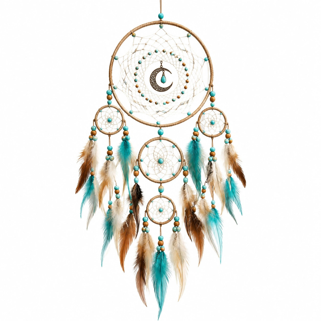 Attrape-rêves mural 40 x 90 cm en corde et plumes turquoise marron style bohème