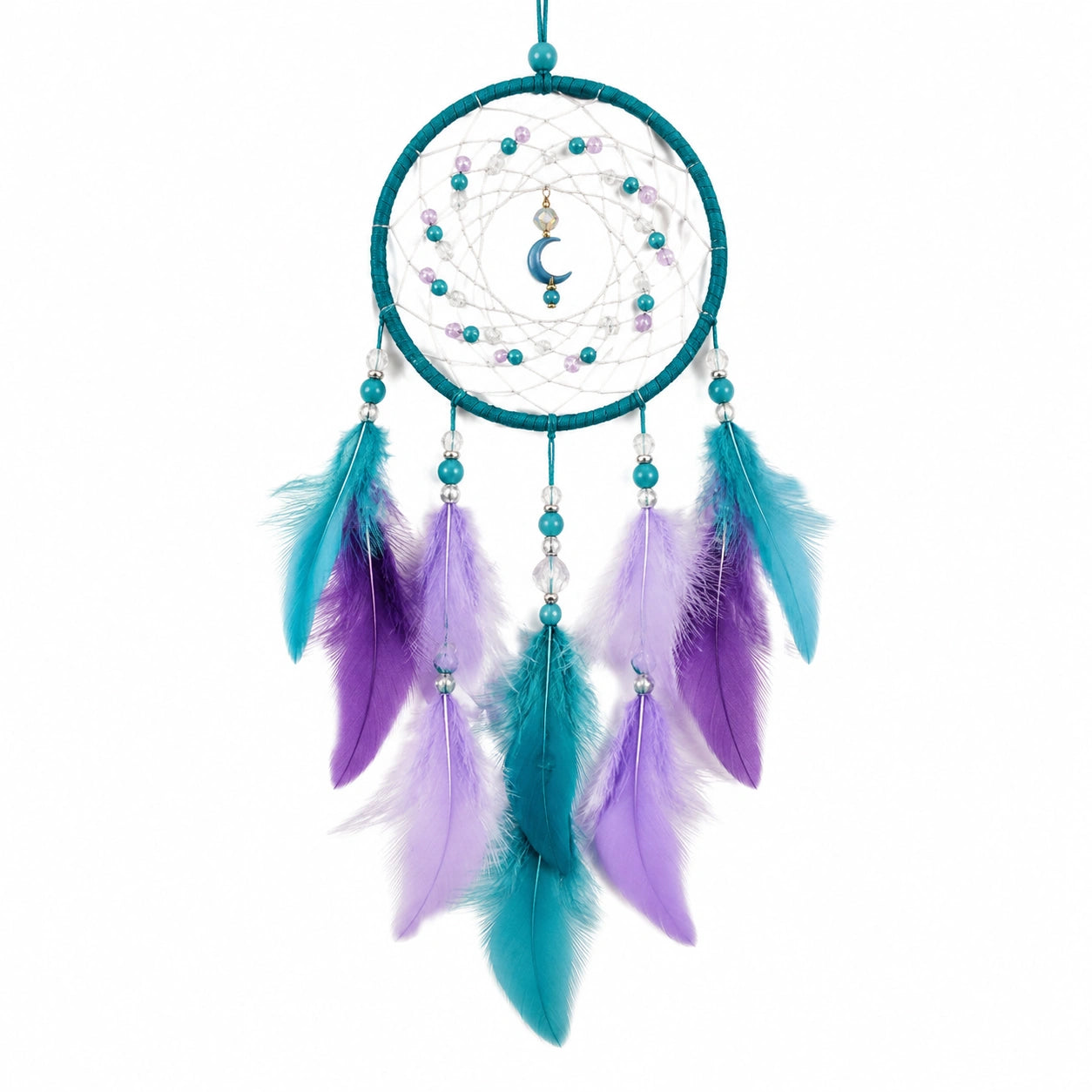 Attrape-rêves 25 x 70 cm en fibres turquoise violet pour décoration murale bohème