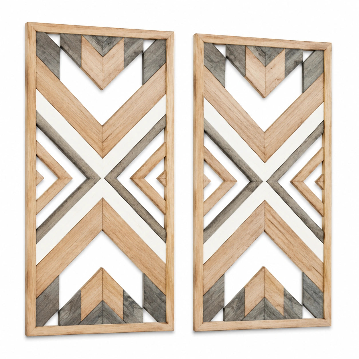 Lot de 2 panneaux muraux 40 x 90 cm en bois beige gris et blanc style géométrique