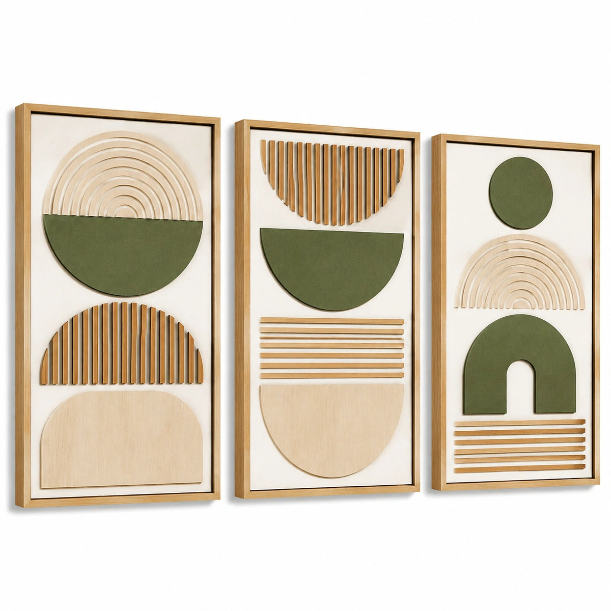 Lot de 3 tableaux muraux 30 x 60 cm en bois vert et naturel à relief géométrique