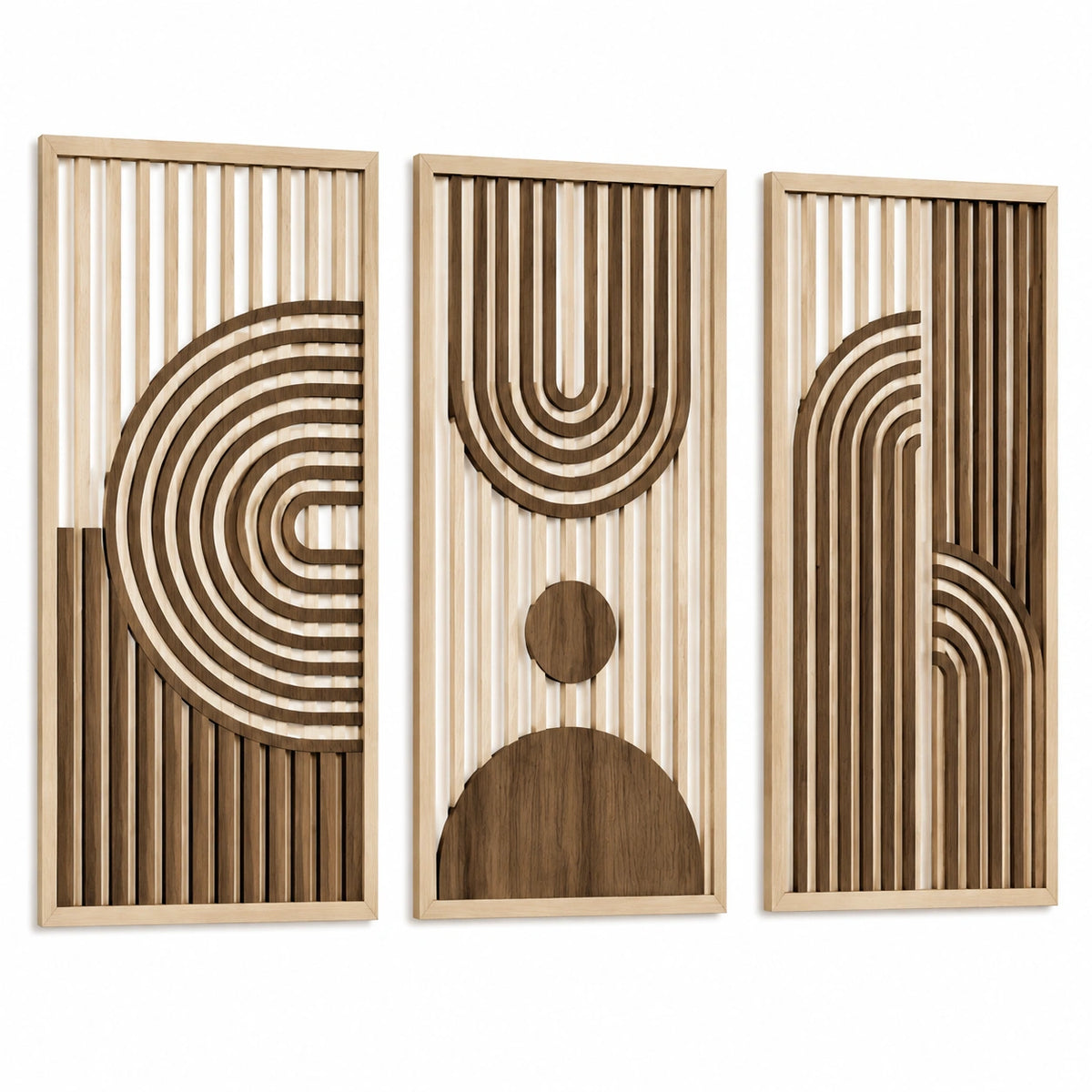 Triptyque décoration murale 40 x 120 cm en bois beige et marron style géométrique