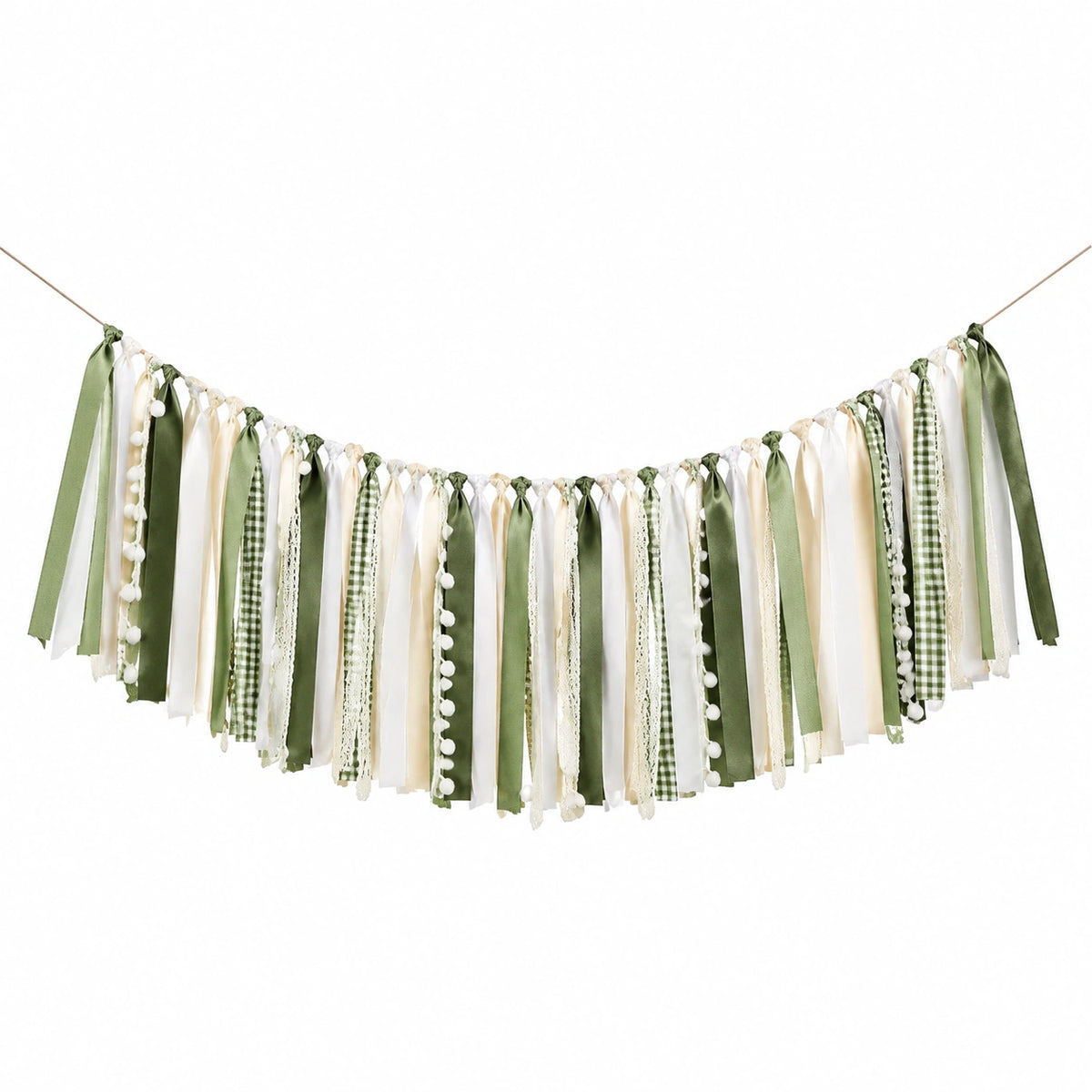 Guirlande à franges 150 x 45 cm en rubans textiles vert blanc style champêtre