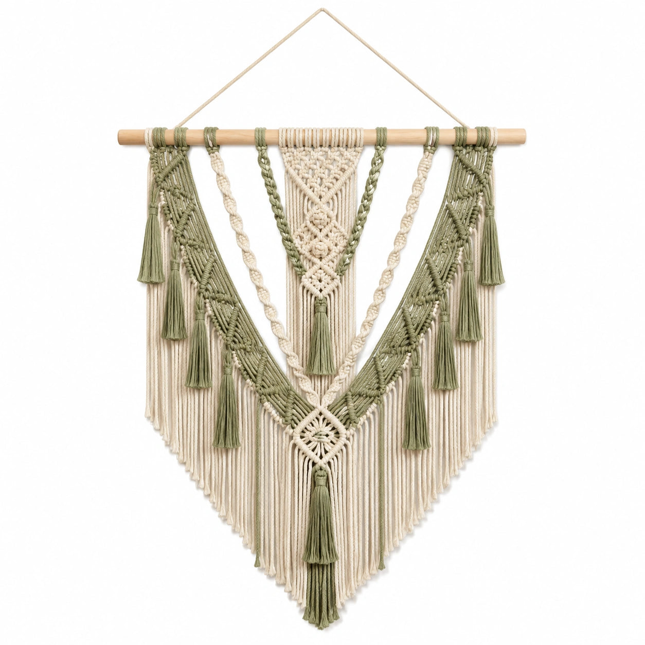 Tapisserie murale en macramé 80 x 100 cm coton vert sauge et écru style bohème