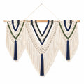 Tapisserie murale macramé 100 x 95 cm en corde textile écru bleu marine vert style bohème