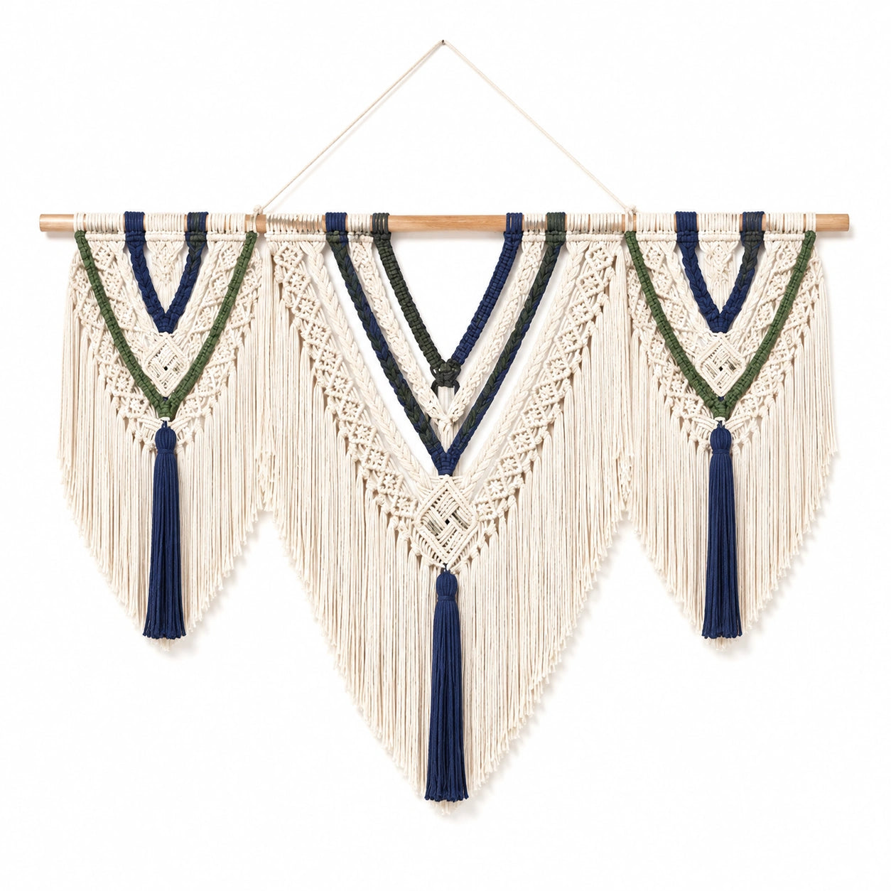 Tapisserie murale macramé 100 x 95 cm en corde textile écru bleu marine vert style bohème