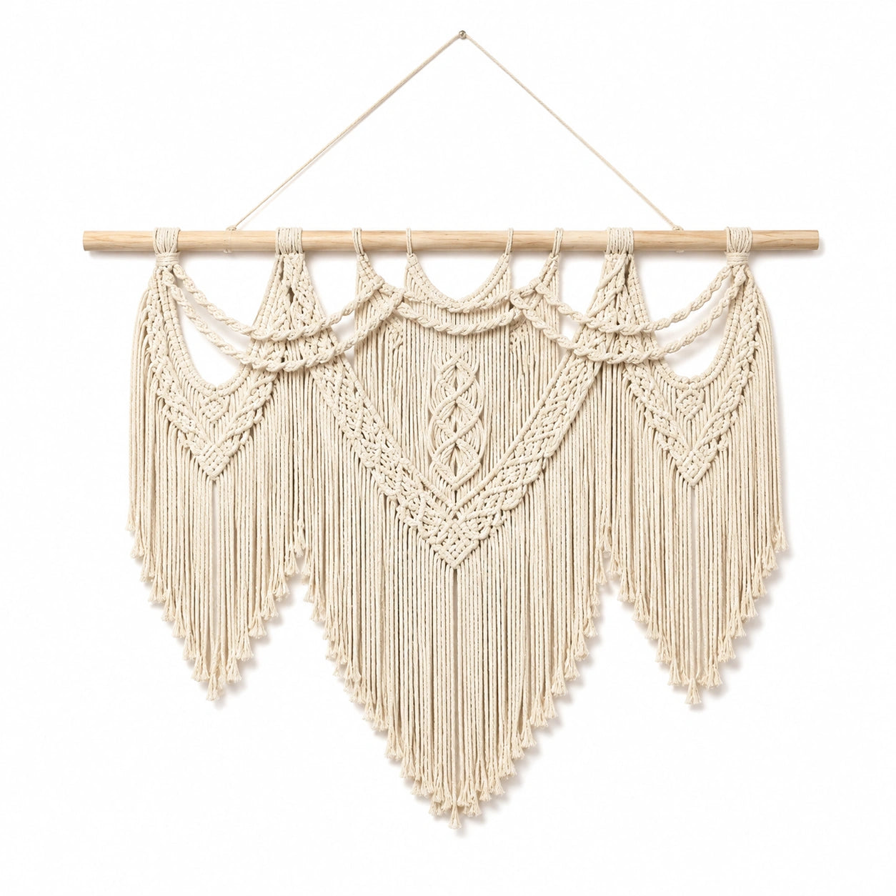 Tapisserie murale macramé 100 x 100 cm en coton beige avec barre en bois style bohème