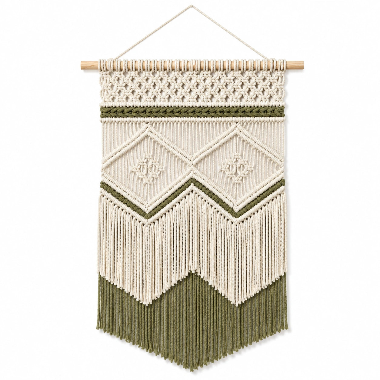Tenture murale macramé 45 x 90 cm coton écru et vert style bohème à suspendre