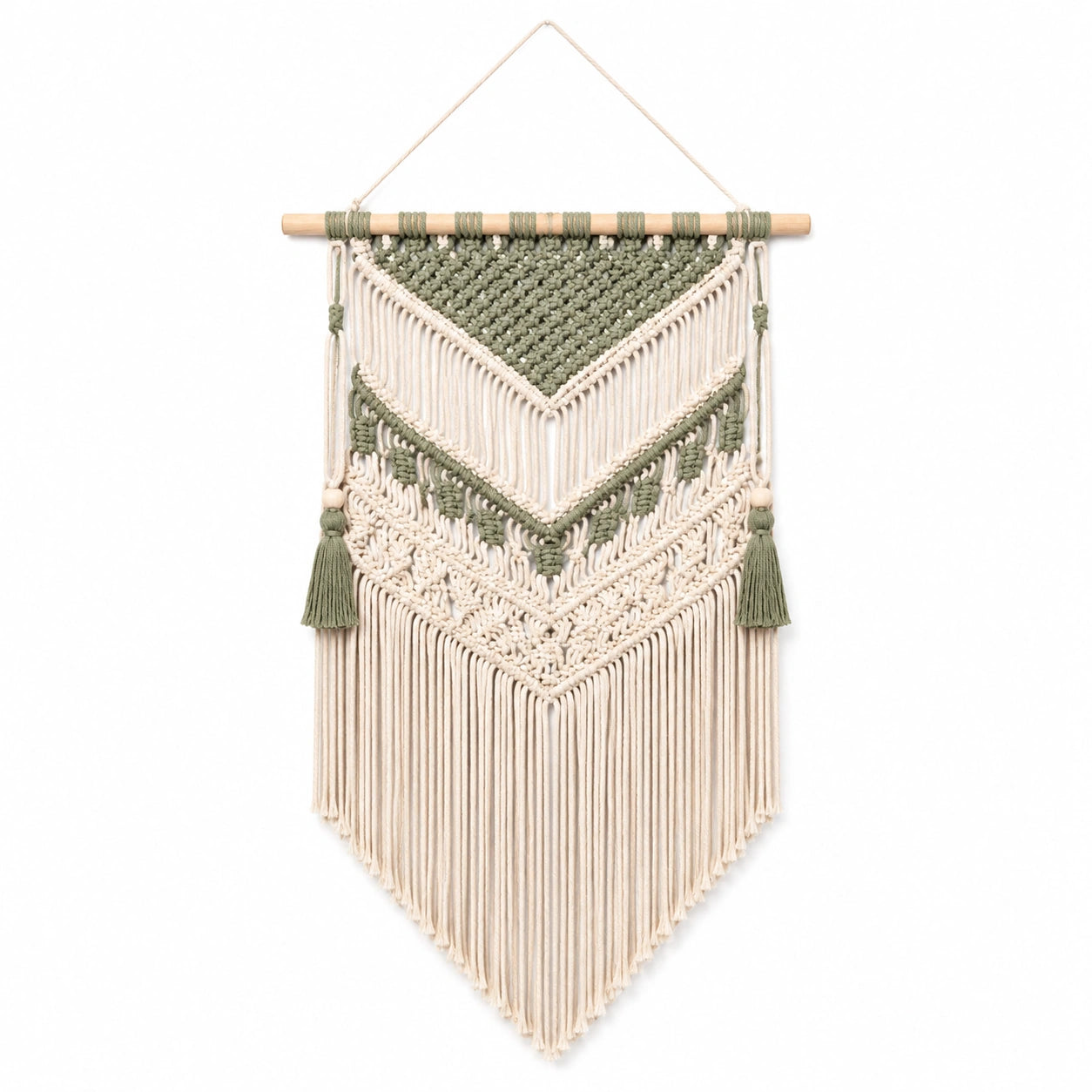 Tenture murale macramé 40 x 80 cm beige vert en corde textile style bohème
