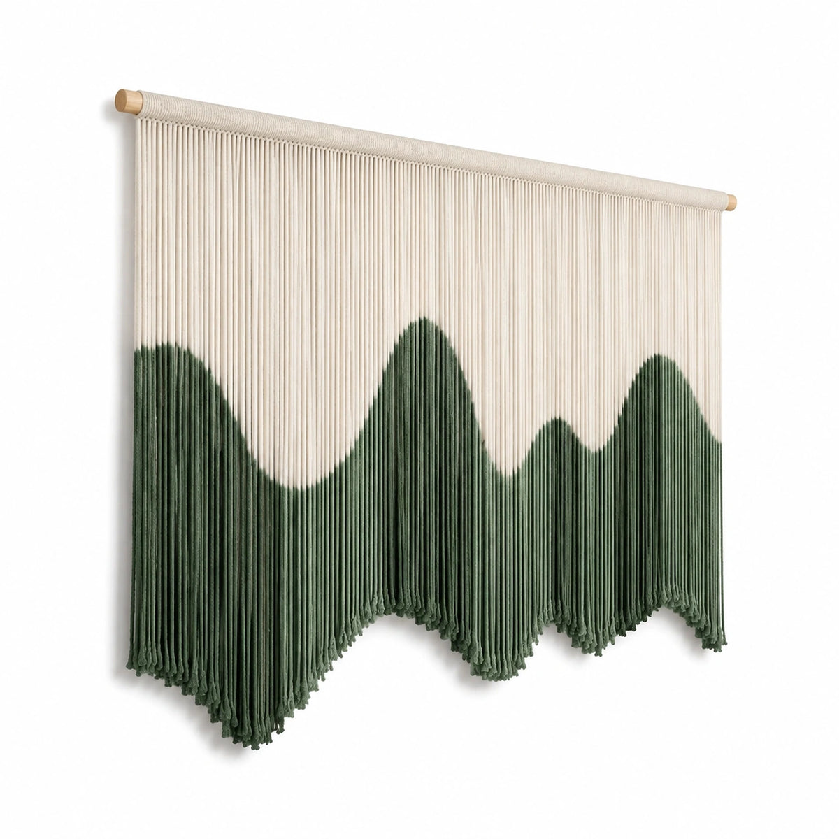 Tenture murale 100 x 90 cm en coton écru et vert style bohème à franges