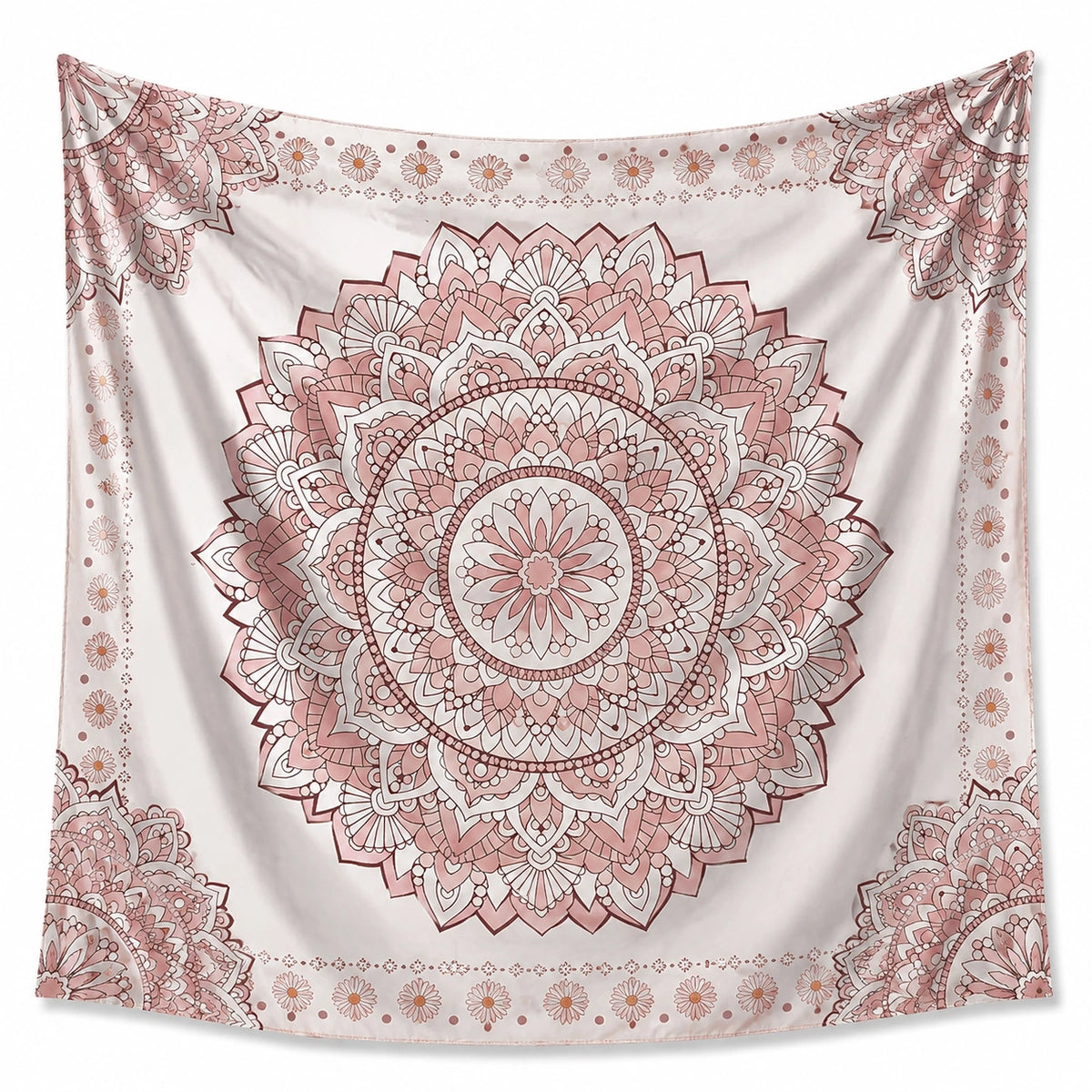 Tenture murale 150 x 150 cm en polyester blanc et rose à motif mandala style bohème