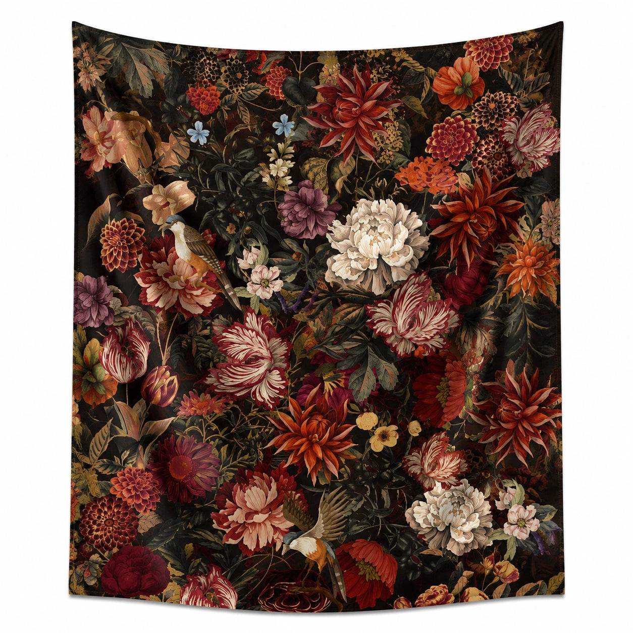 Tapisserie murale 150 x 130 cm en polyester noir motif floral et oiseaux style botanique