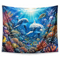 Tenture murale 150 x 130 cm en polyester bleu motif récif marin style océanique