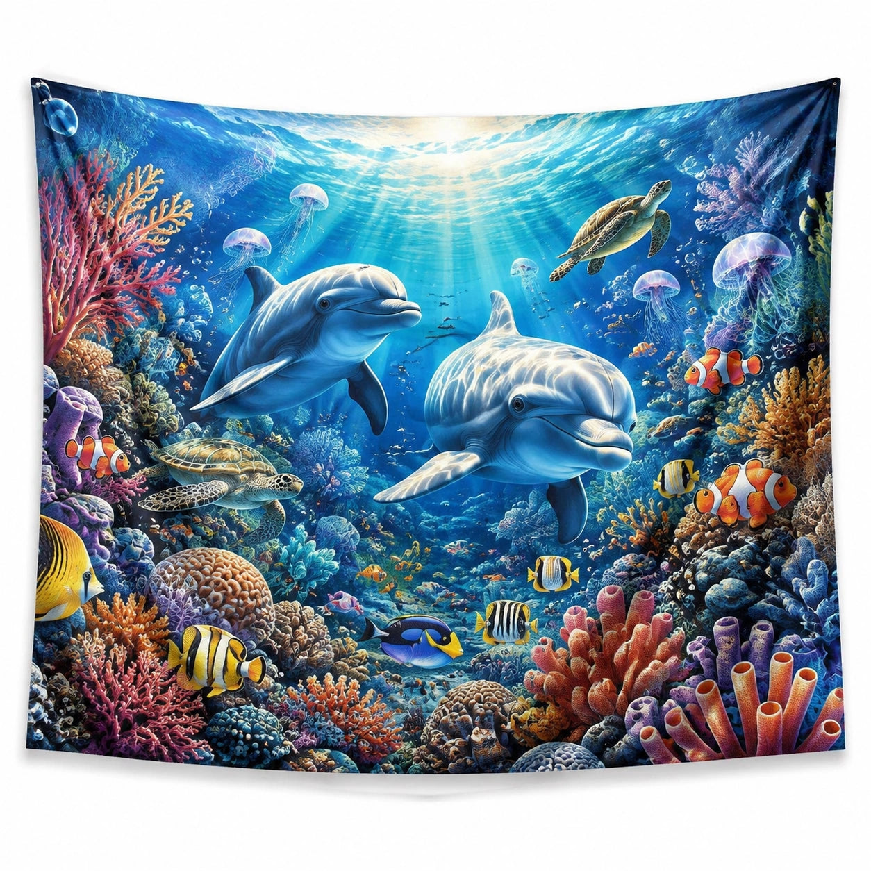 Tenture murale 150 x 130 cm en polyester bleu motif récif marin style océanique
