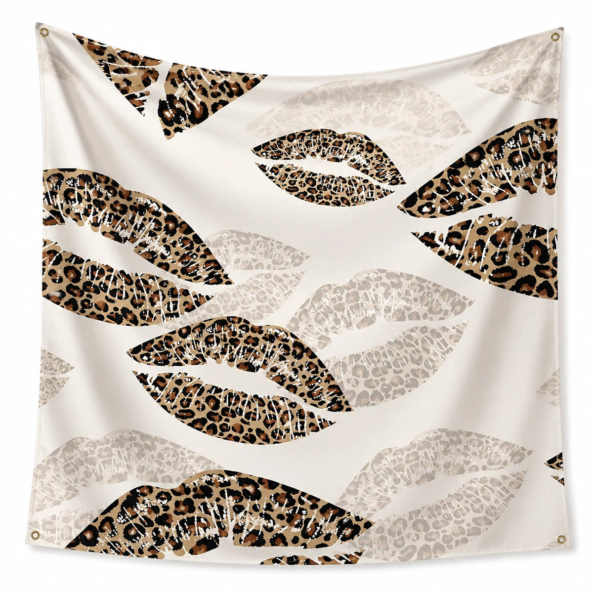 Tapisserie murale 150 x 130 cm en polyester blanc motif lèvres léopard avec œillets