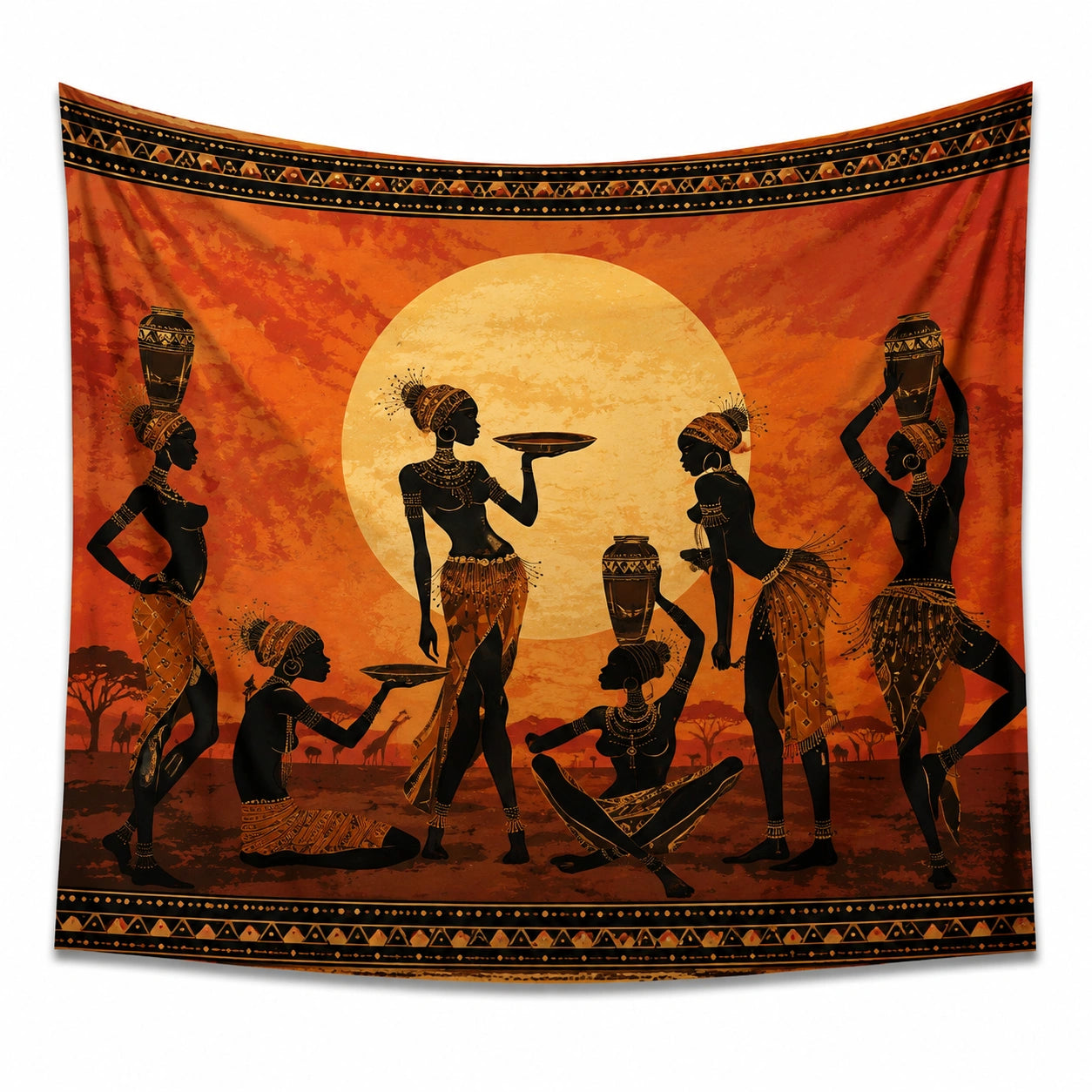 Tenture murale 150 x 150 cm en tissu synthétique orange noir décor soleil et silhouettes